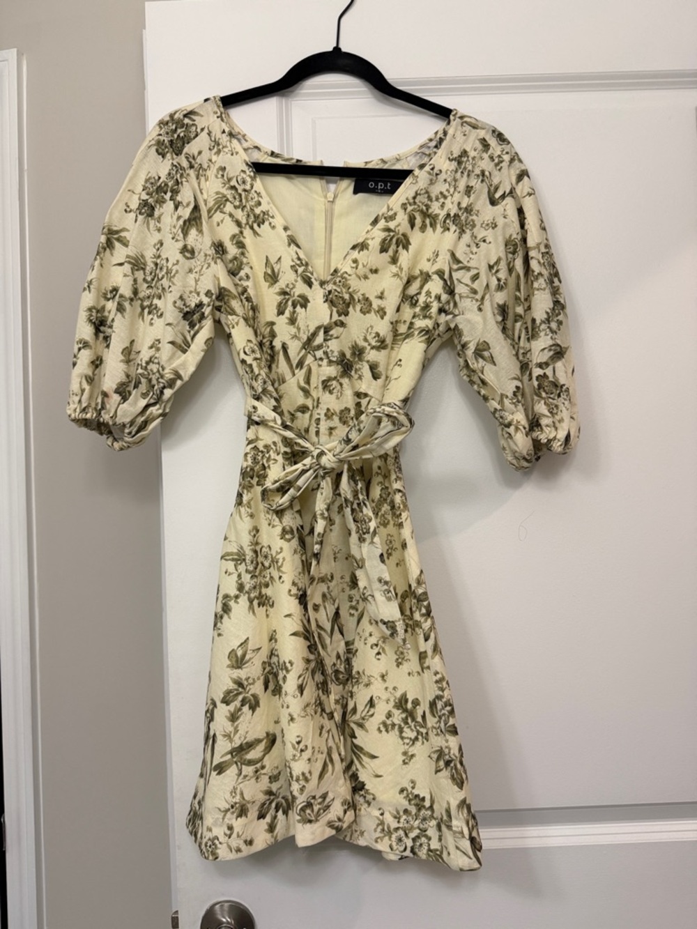 OPT Cream and Green Linen Dress